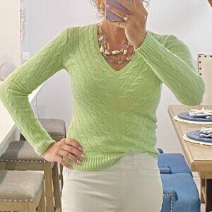 PRISTINE RALPH LAUREN SLIM GREEN CABLE KNIT V-NECK 100% CASHMERE SWEATER MED